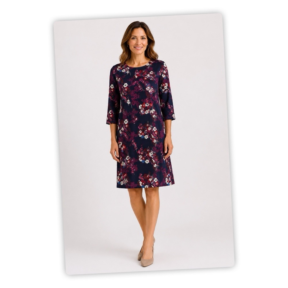 J Jill Petite Floral Shift Dress Navy Burgundy 3/4 Sleeve Women's Small